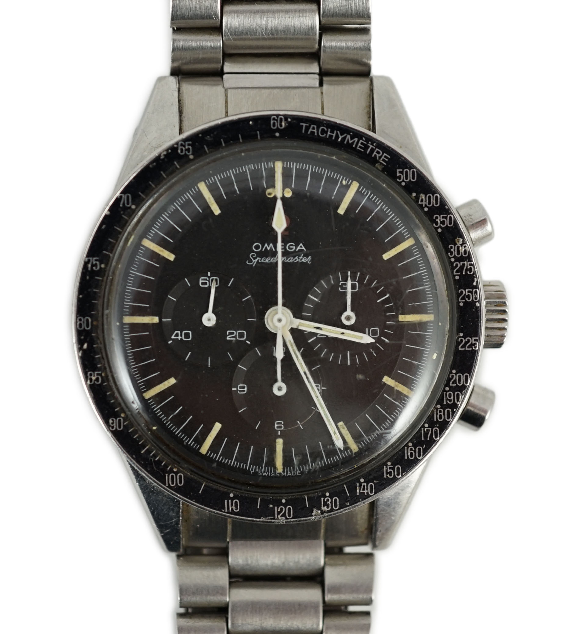 A gentleman's rare mid 1960's stainless steel Omega Speedmaster 'Ed White' manual wind chronograph wrist watch